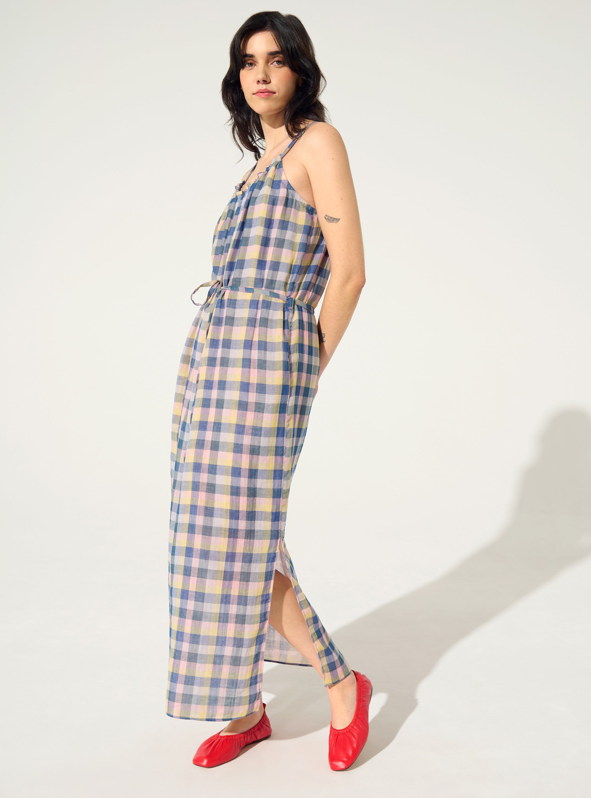 Robe droite à carreaux en coton