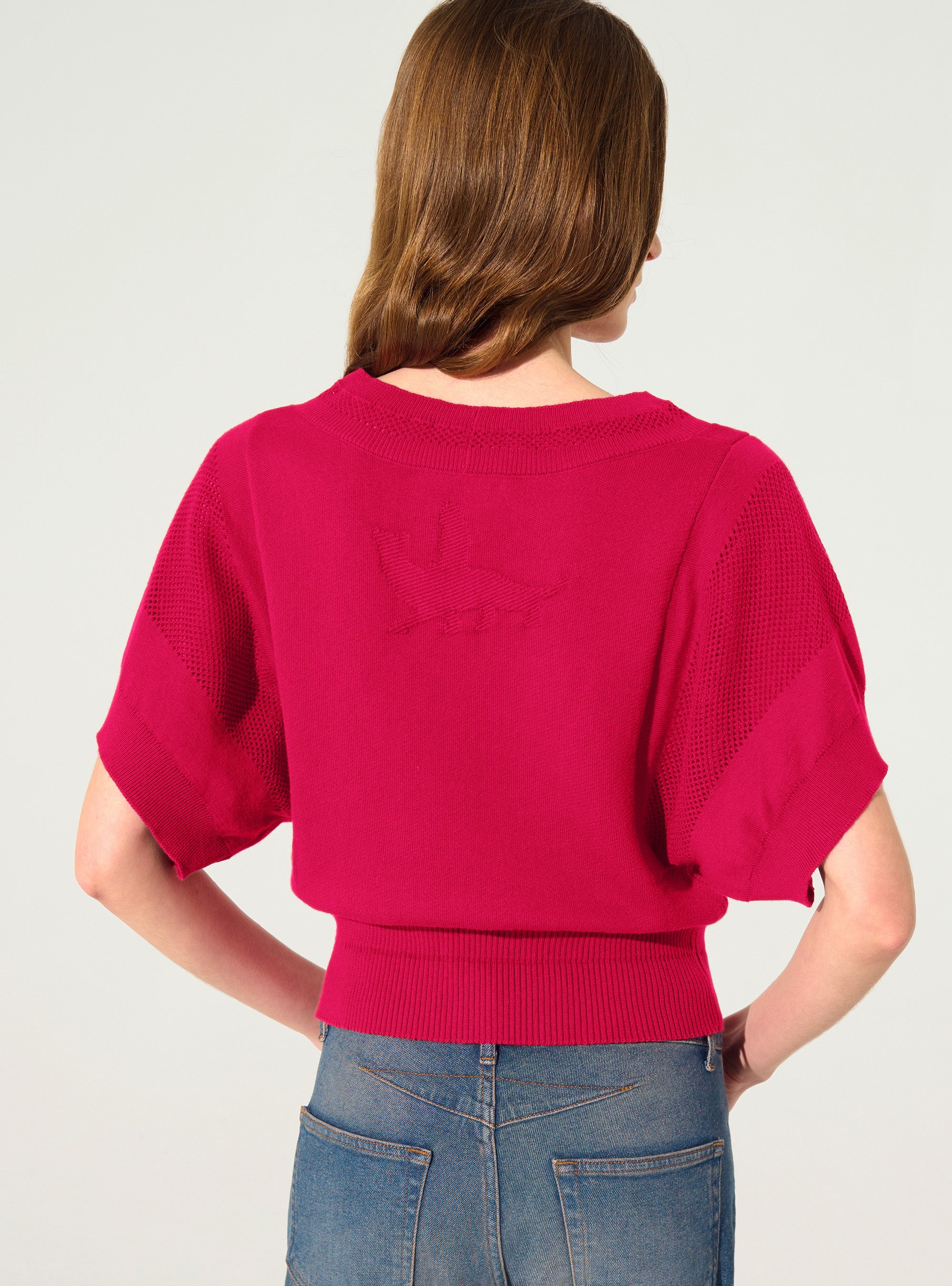 Red short-sleeved cotton and cashmere sweater