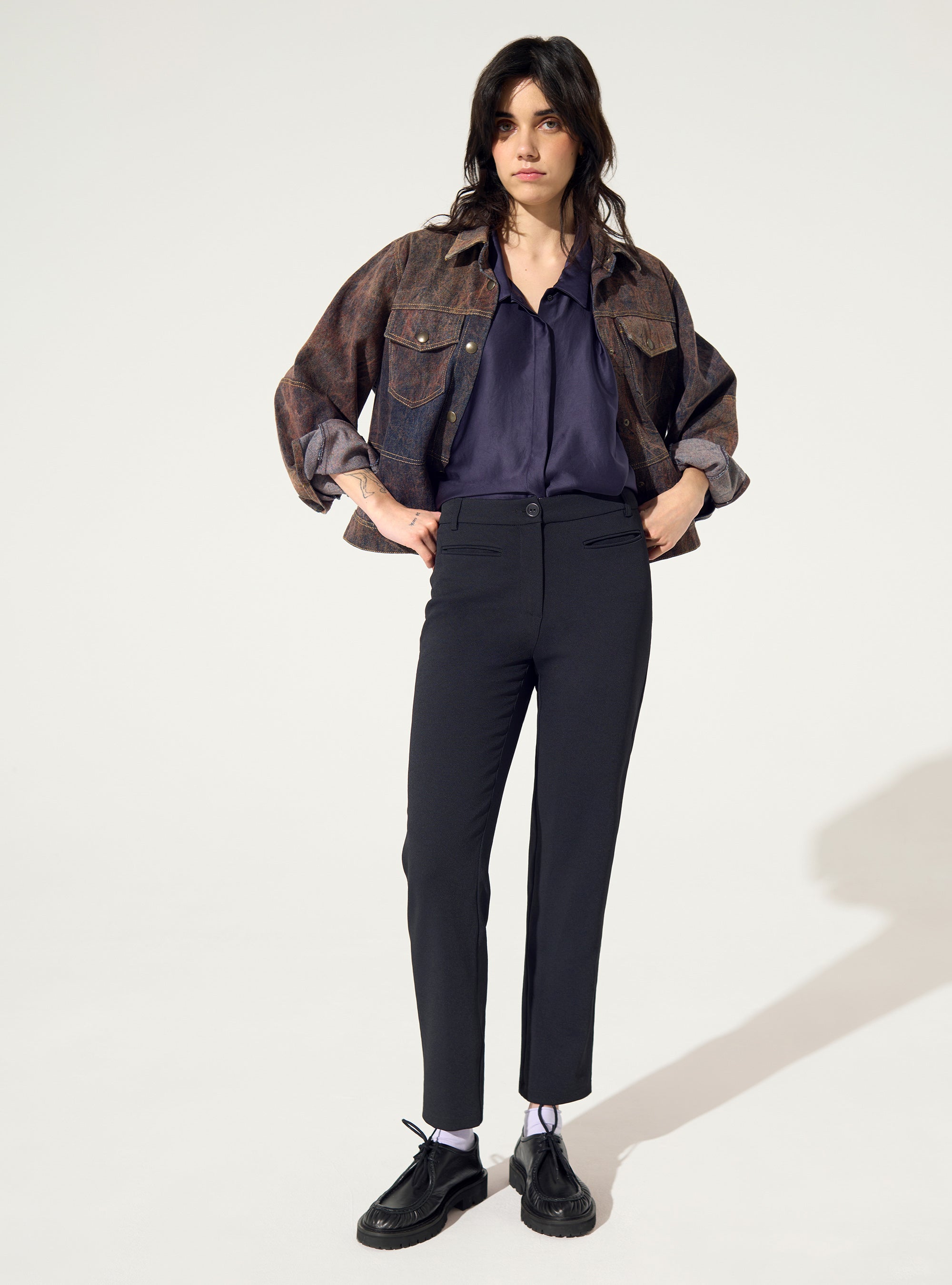 Black straight-leg trousers