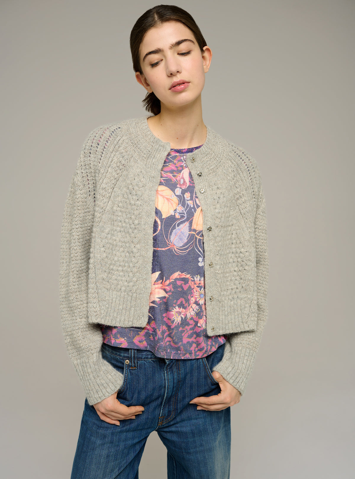 Cardigan col rond ajusté manches longues en maille ajourée