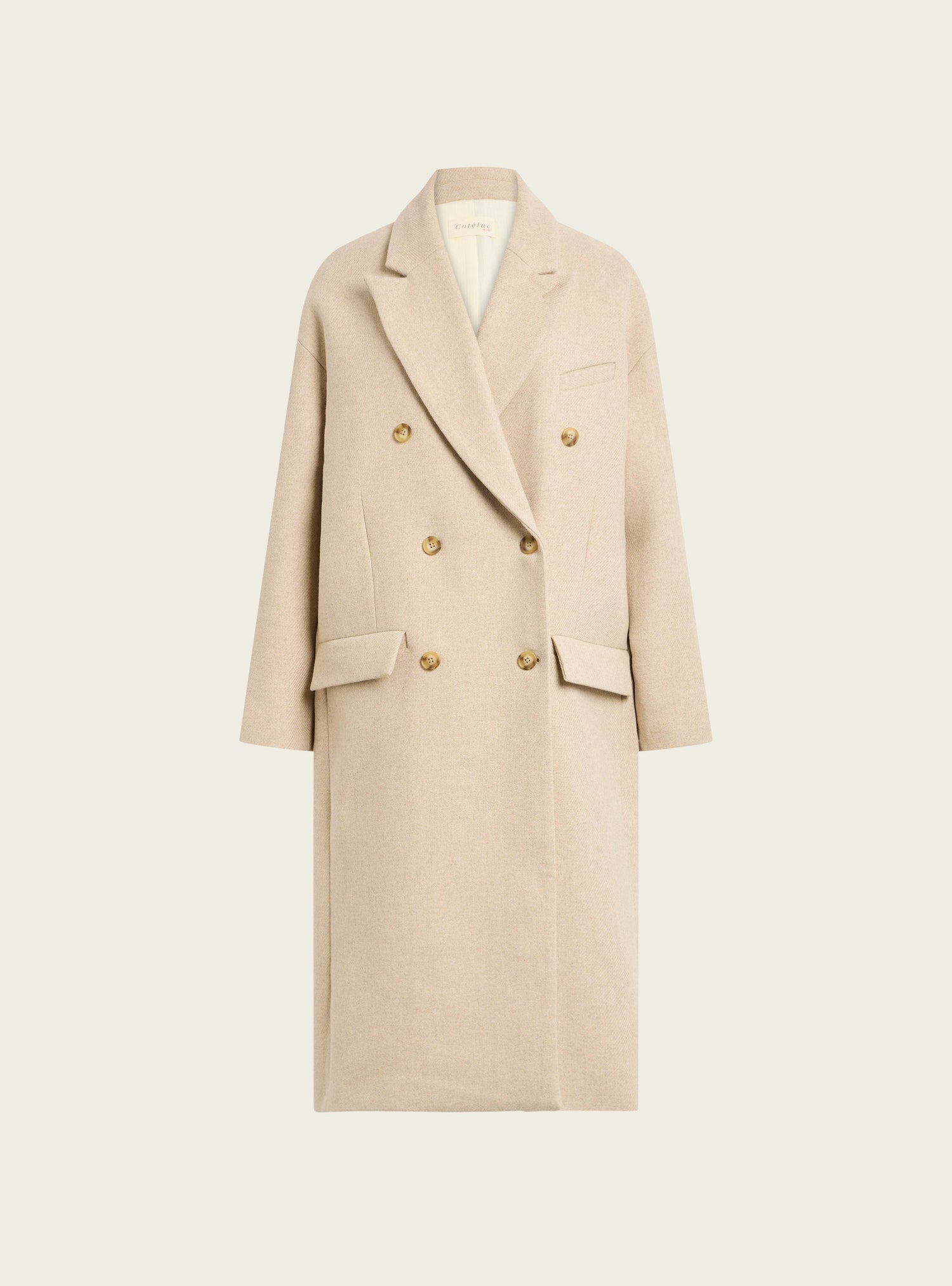 Manteau long croisé en drap de laine recyclée acoté 