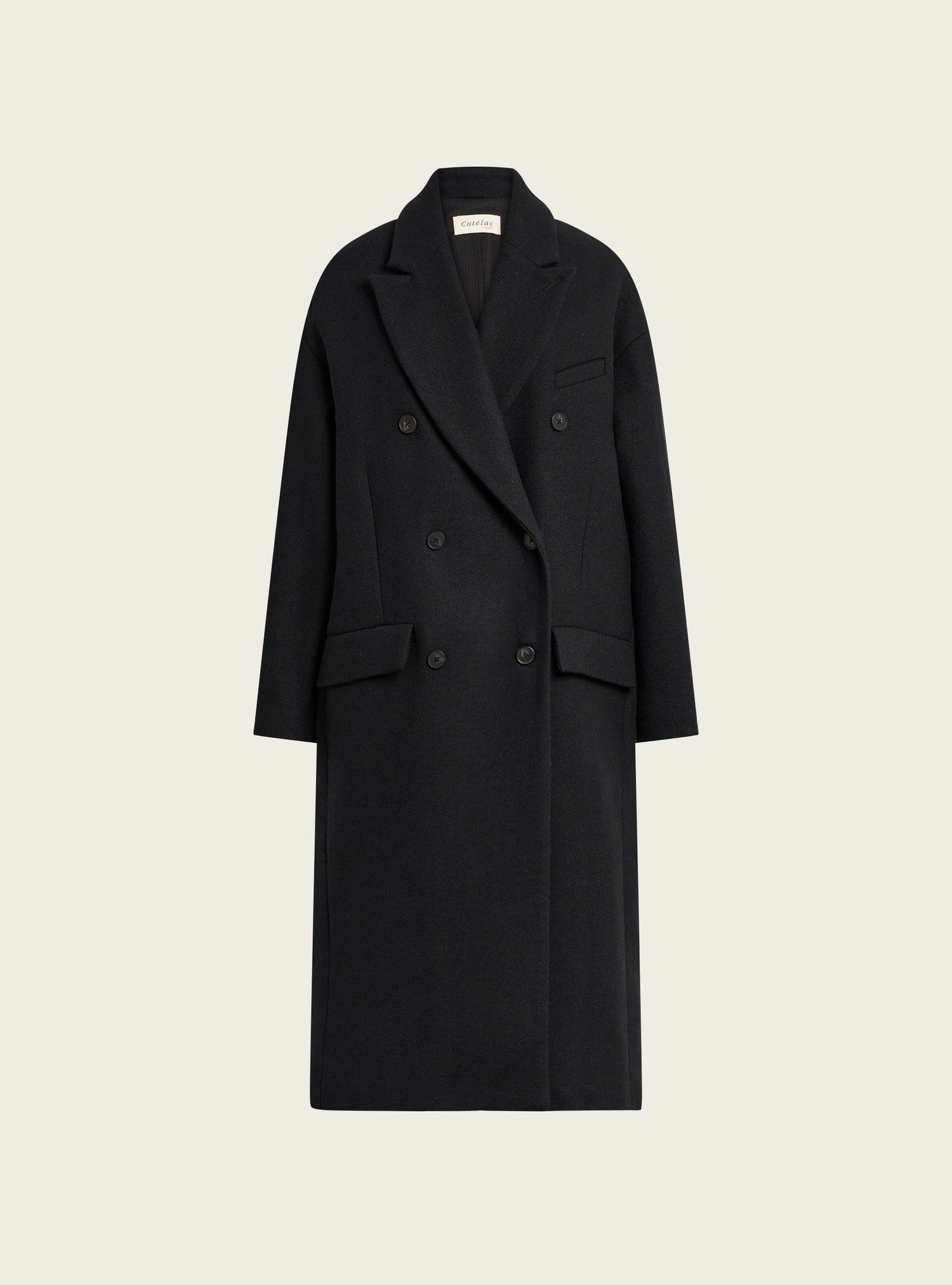 Manteau long croisé en drap de laine recyclée acoté 