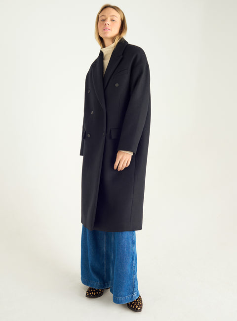 Long double-breasted coat in recycled wool cloth