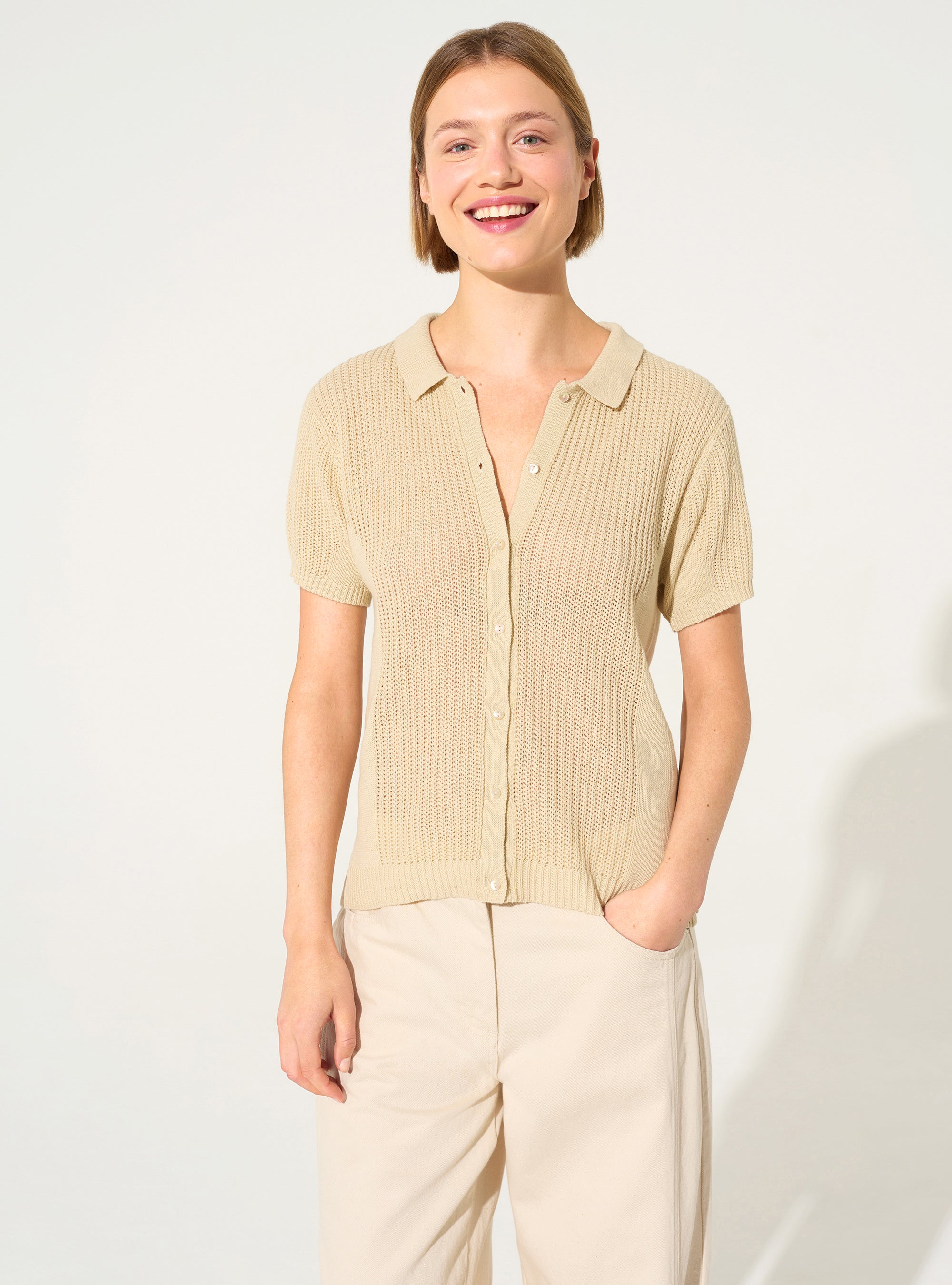 white cotton and linen polo shirt