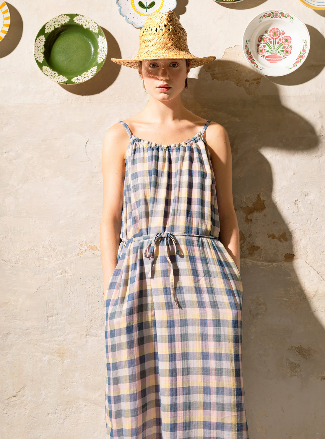 Robe droite à carreaux en coton acoté 