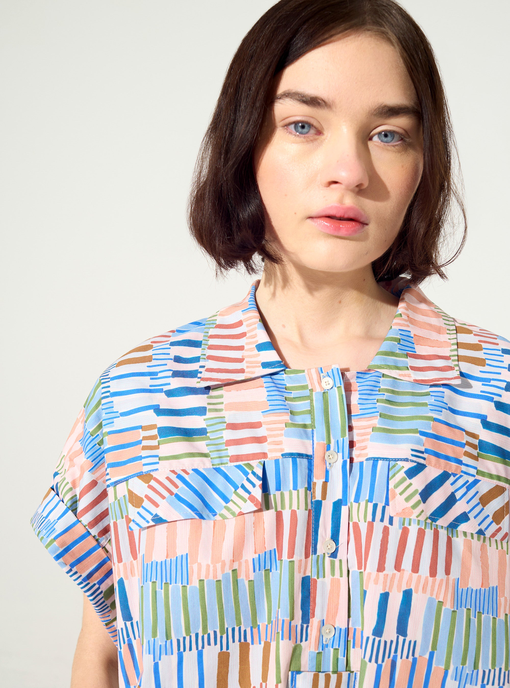 Loose-fitting printed blue cotton dress