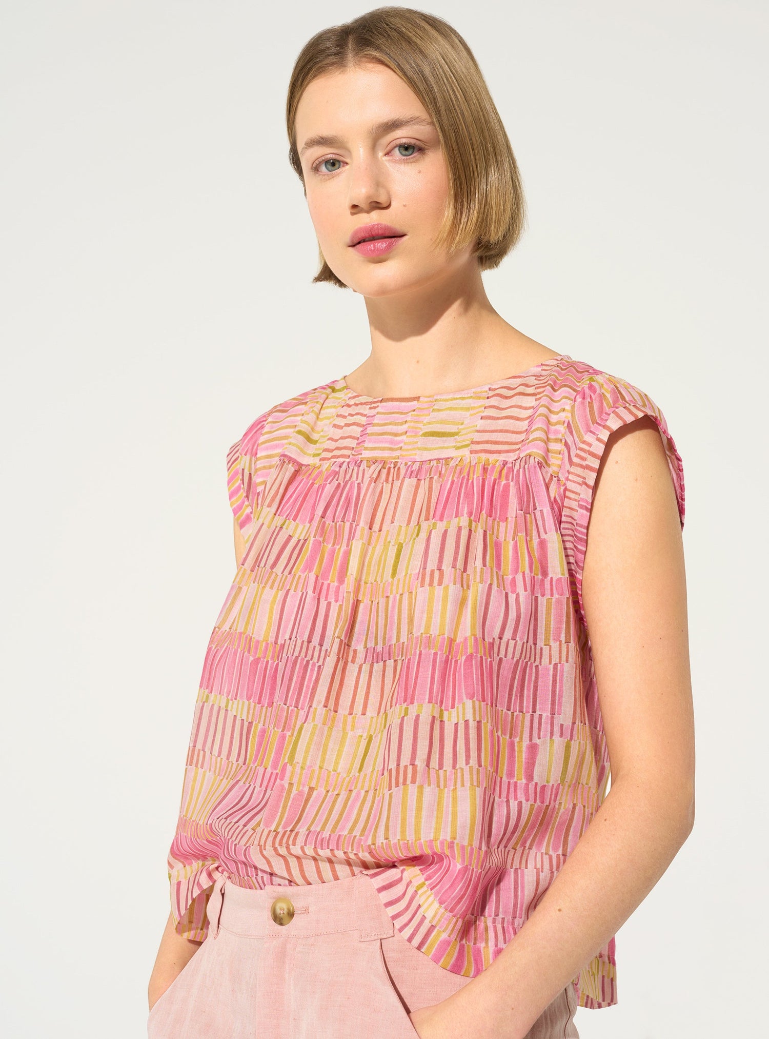 Blouse ample imprimée en coton et soie rose