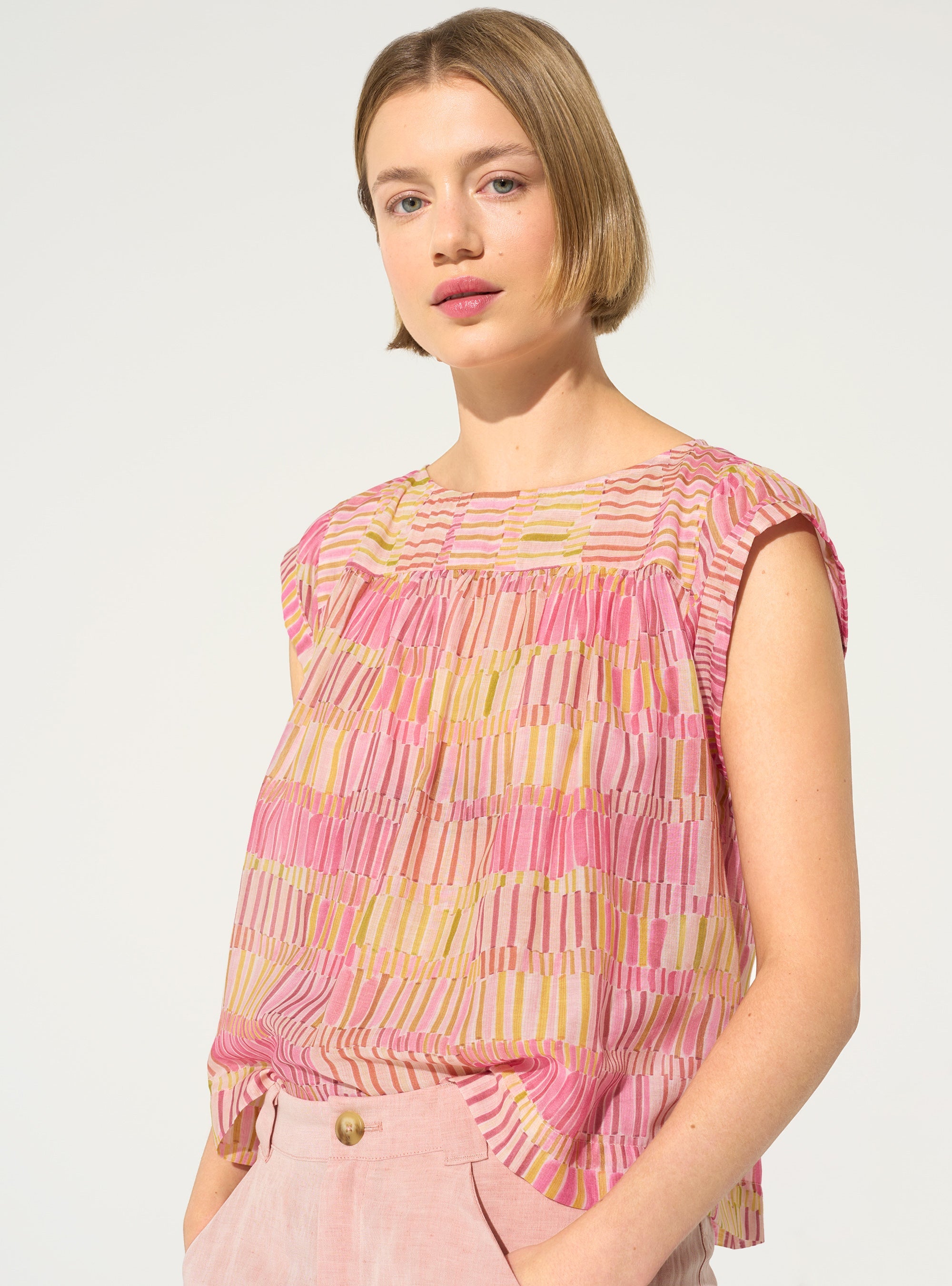Blouse ample imprimée en coton et soie rose