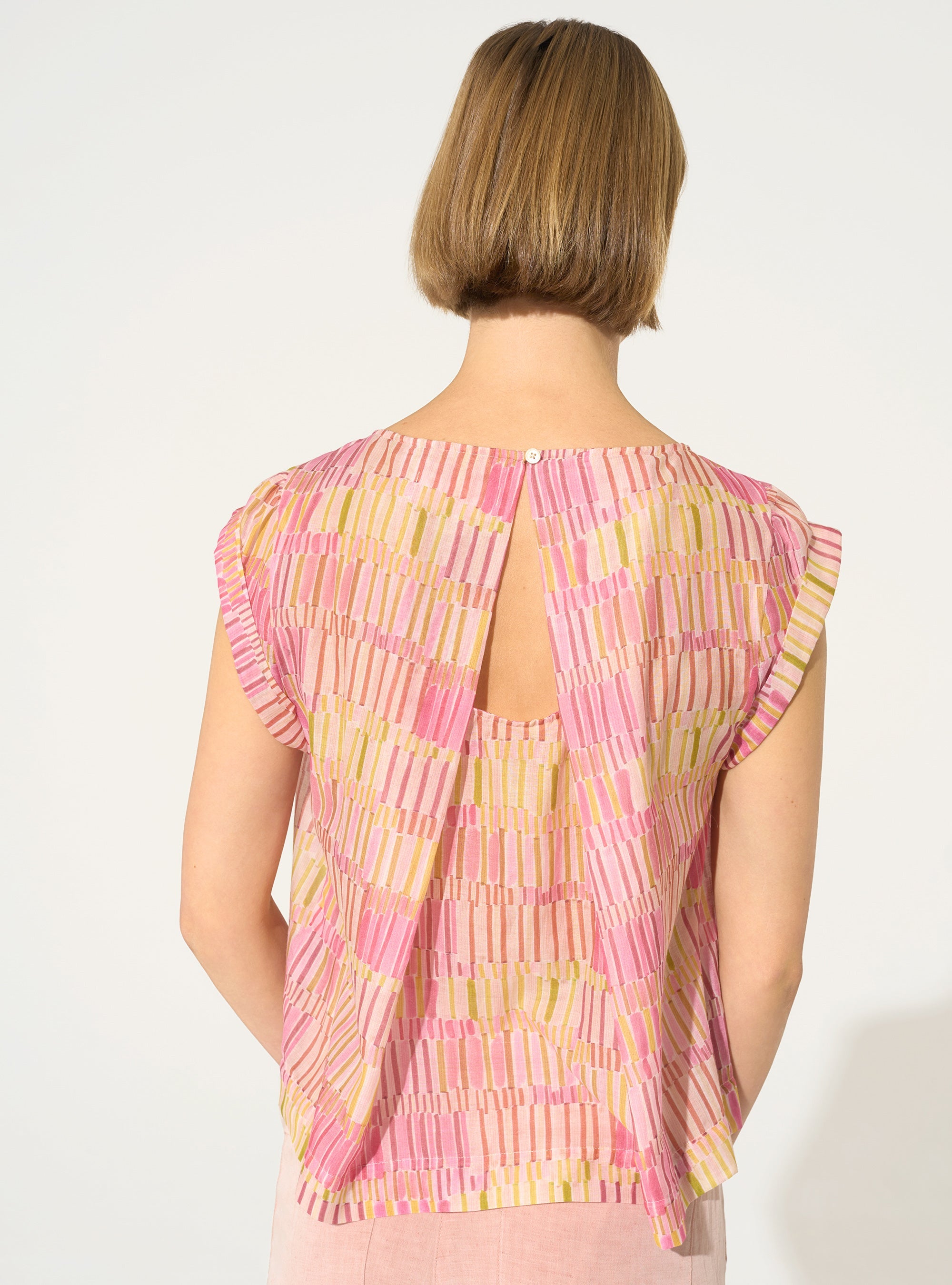 Blouse ample imprimée en coton et soie rose