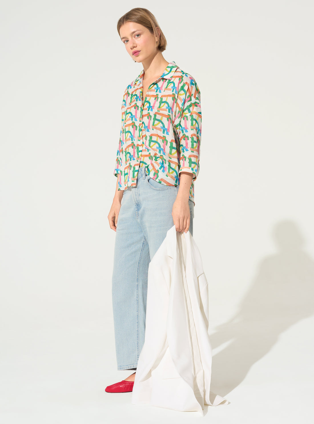 White cotton oversized shirt with house print