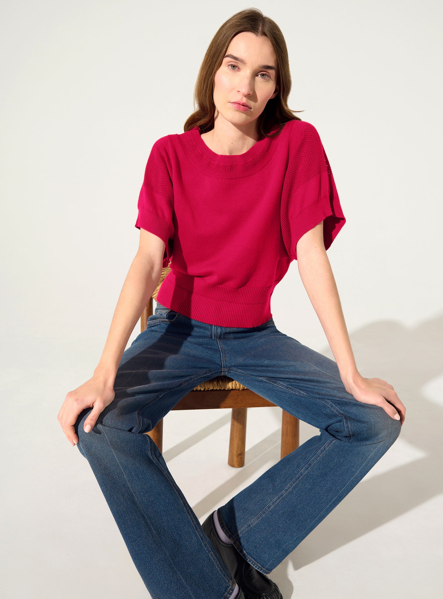 Red short-sleeved cotton and cashmere sweater