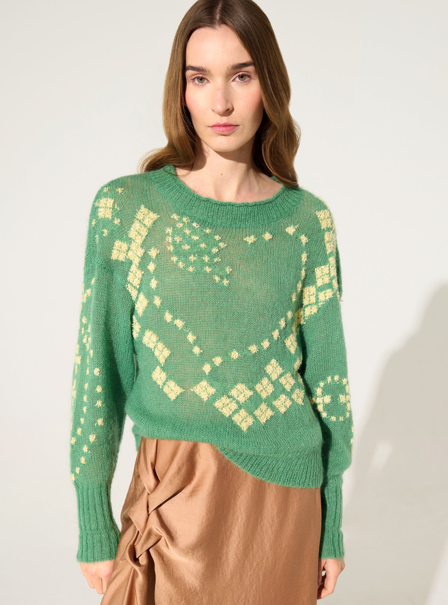 Pull imprimé laine et mohair vert