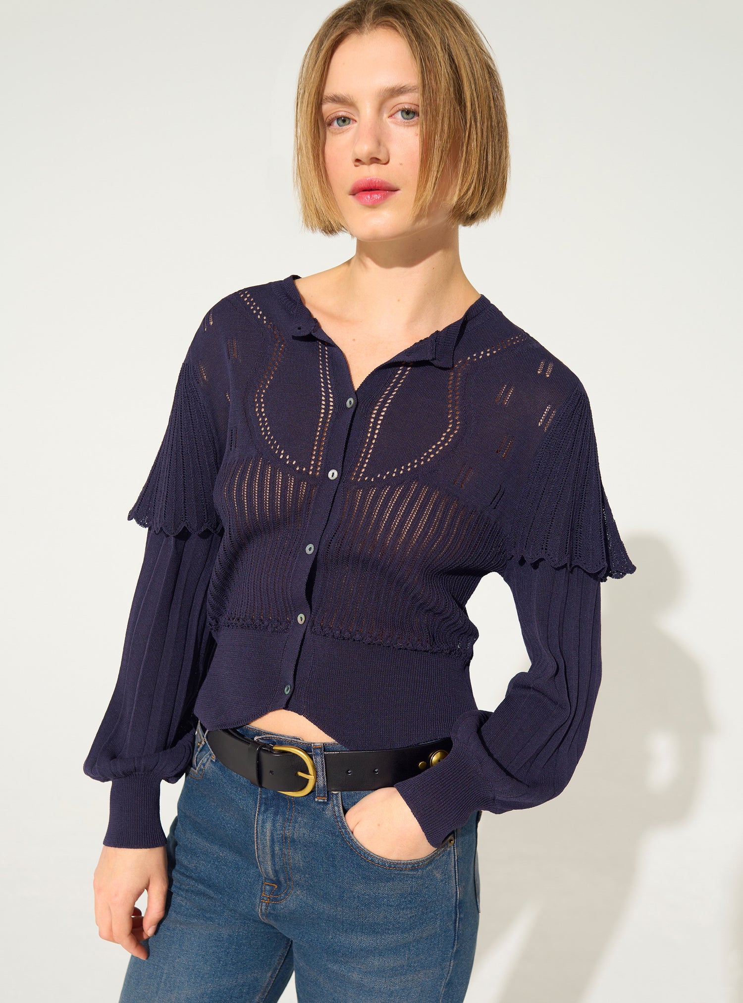 Purple pleated cardigan