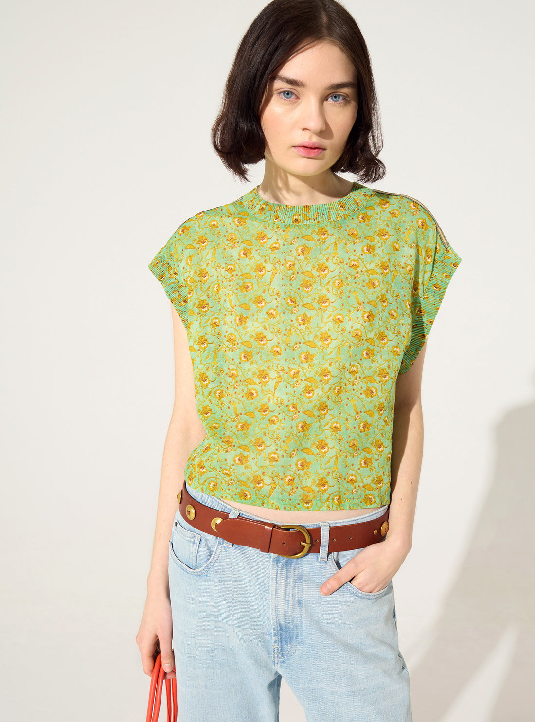 Blouse ajustée plissée imprimée en coton vert