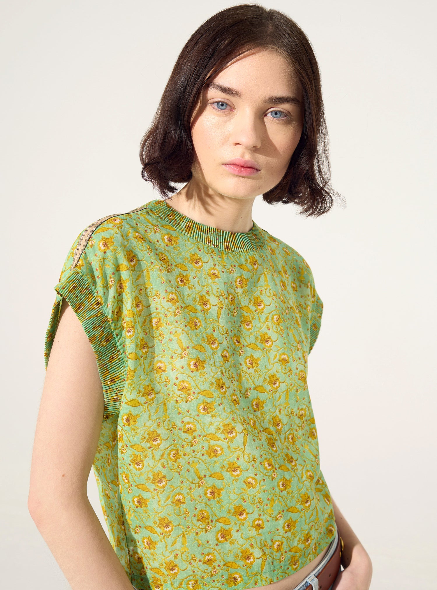 Blouse ajustée plissée imprimée en coton vert