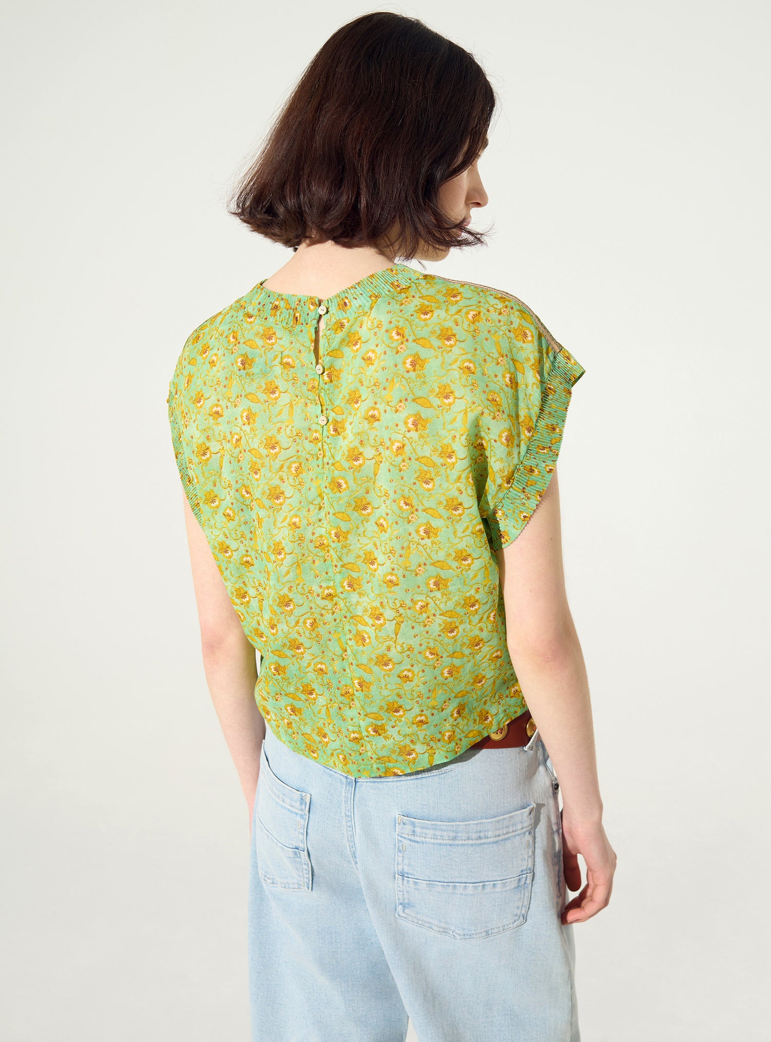 Blouse ajustée plissée imprimée en coton vert