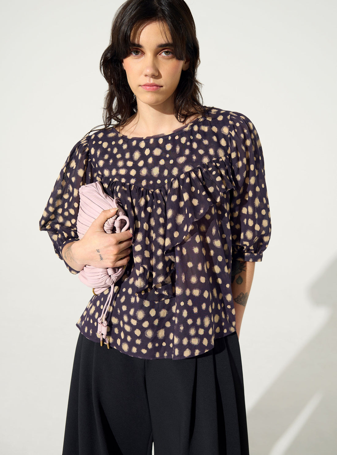 Oversized blouse with a house print in purple cotton