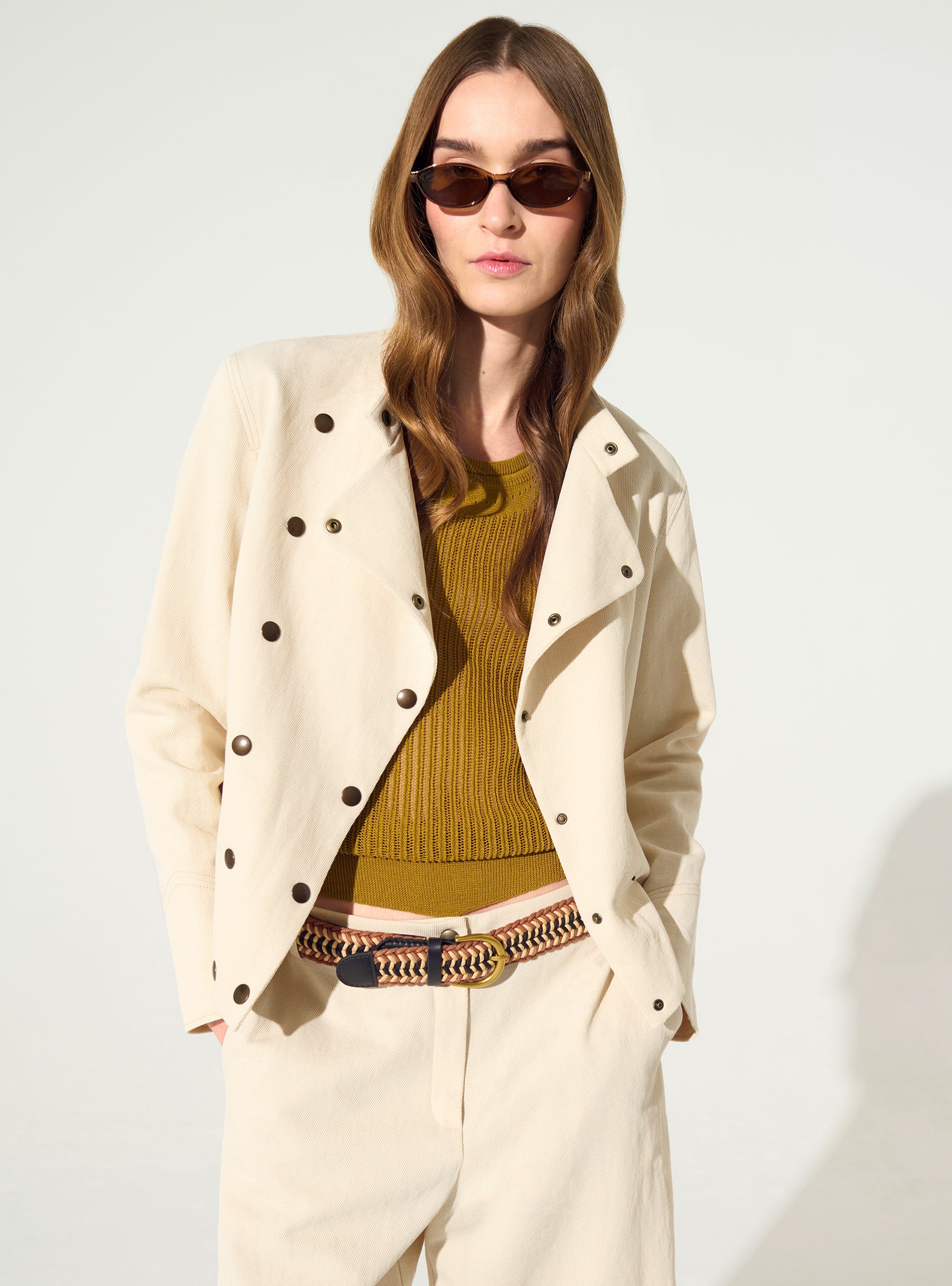 Veste ajustée imprimée en coton et lin blanc