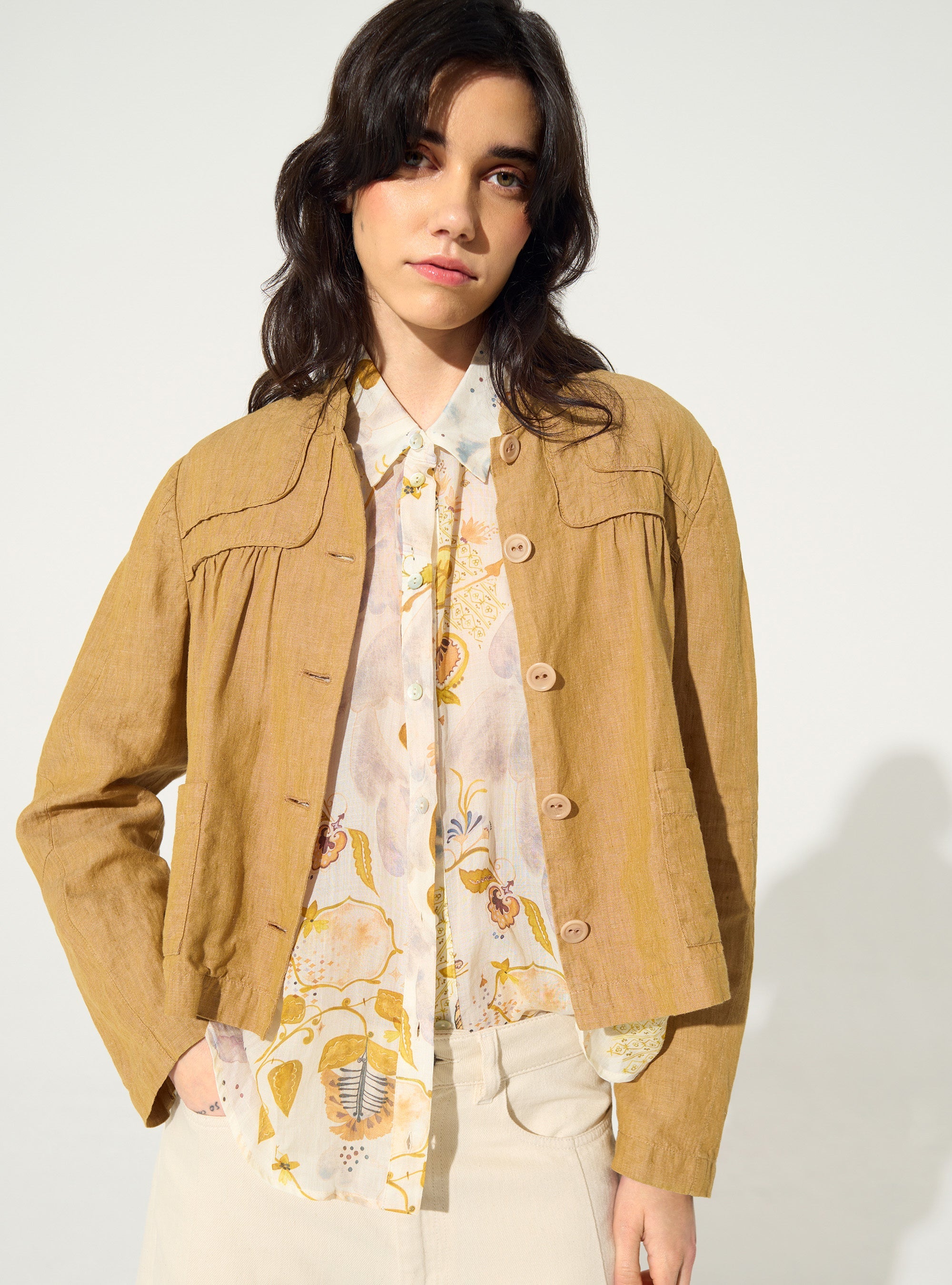 Veste ample en lin et coton marron