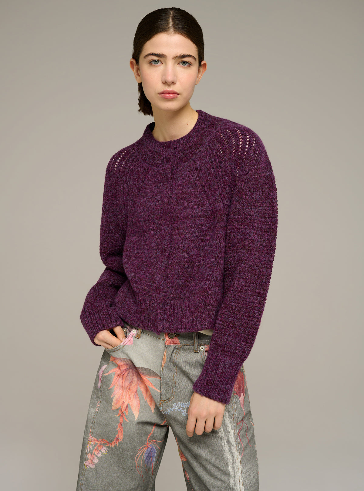 Cardigan col rond ajusté manches longues en maille ajourée