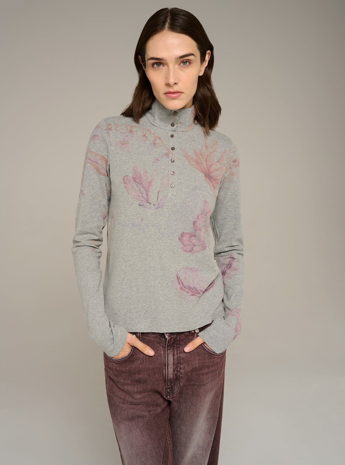 Cotélac tee-shirt ajusté col montant manches longues imprimé
