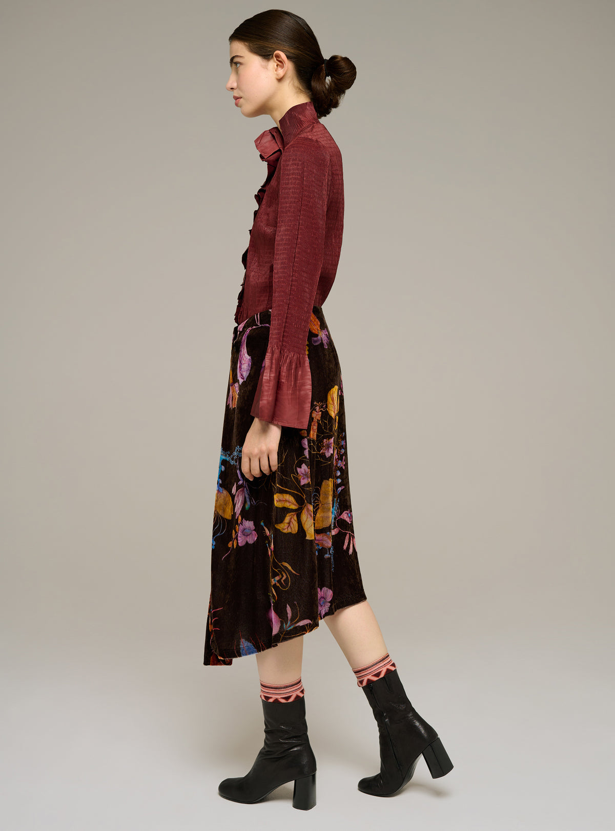 Long straight printed velvet skirt