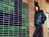 Oversized printed long-sleeve hooded puffer jacket